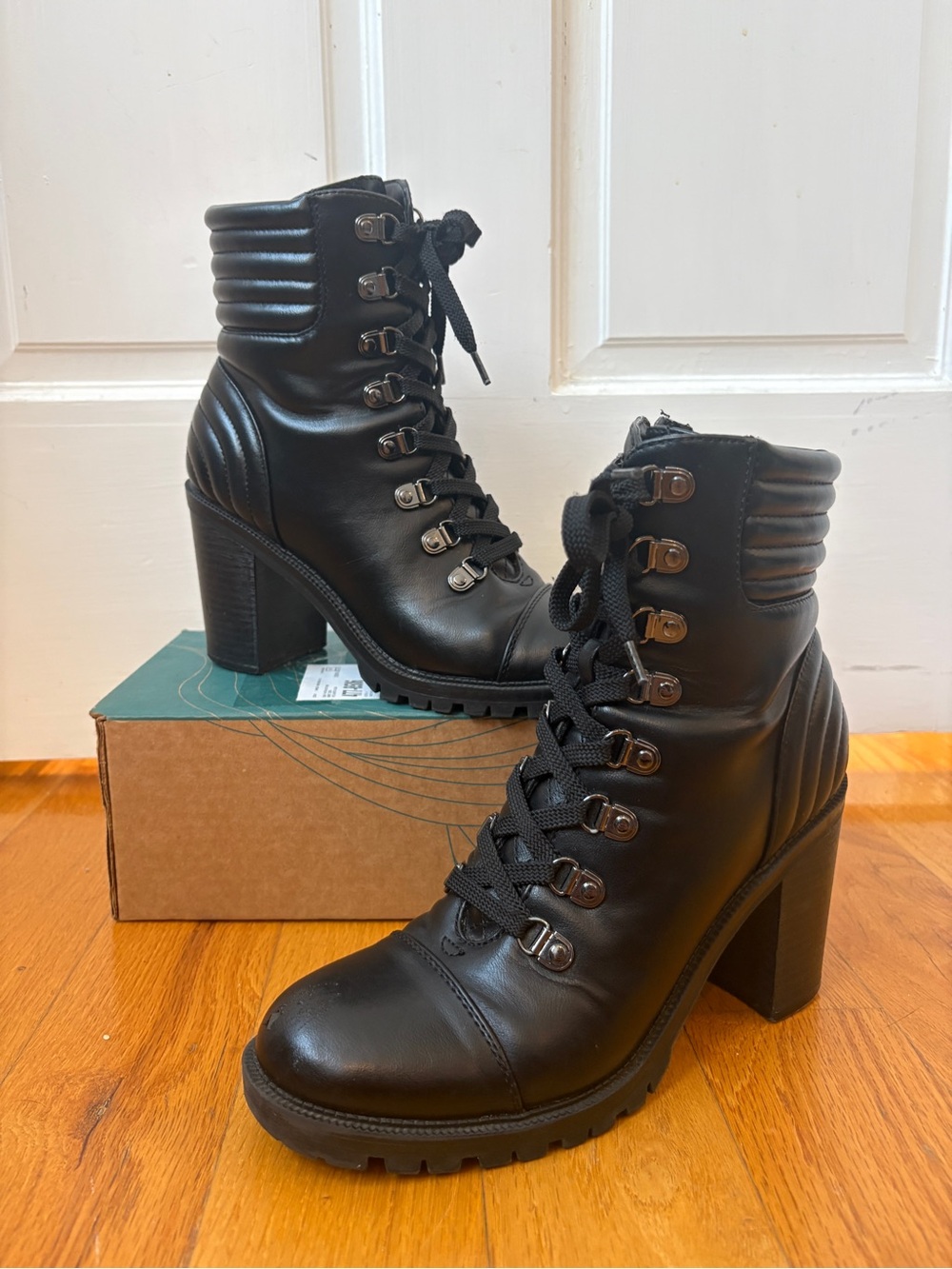 Guess Black Lace-Up Leather Block Heel Ankle Boots